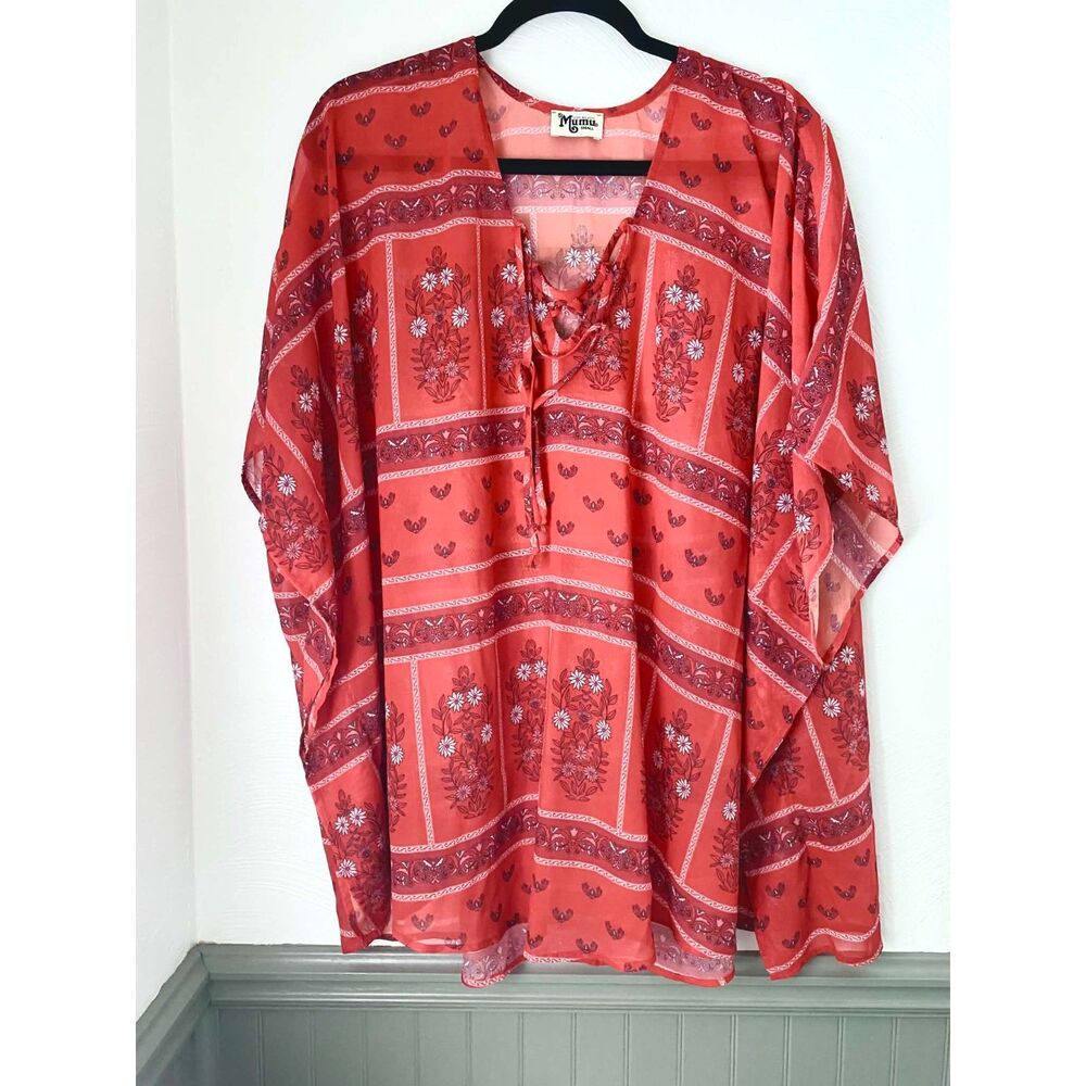 Show Me Your Mumu Red Boho Tunic Top Small Floral Sheer Lace-Up Caftan Blouse
